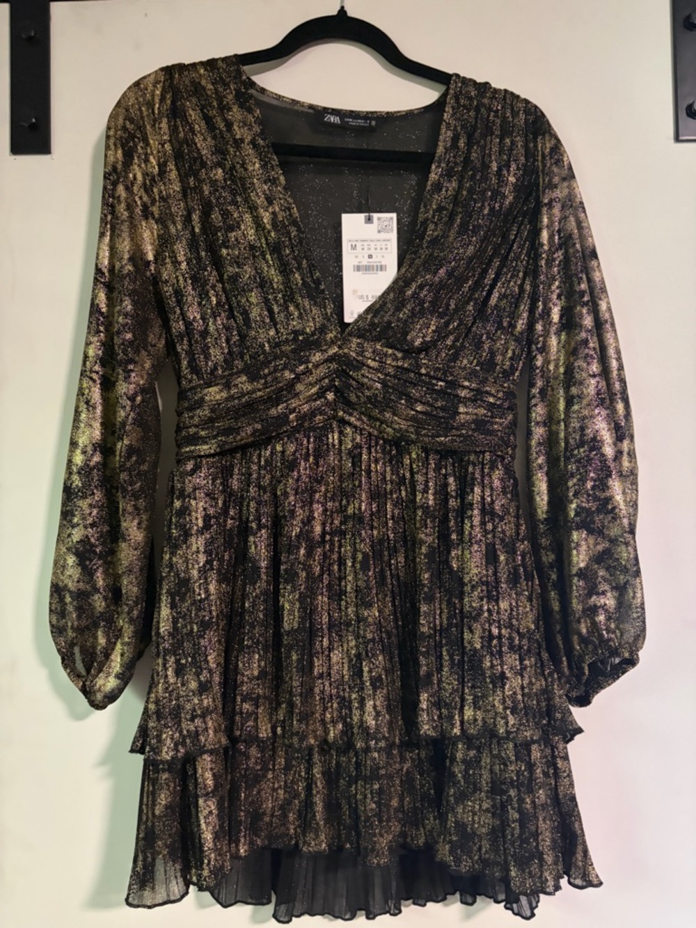 Zara Metallic Black and Gold Long Sleeve V-Neck Tiered Mini Dress